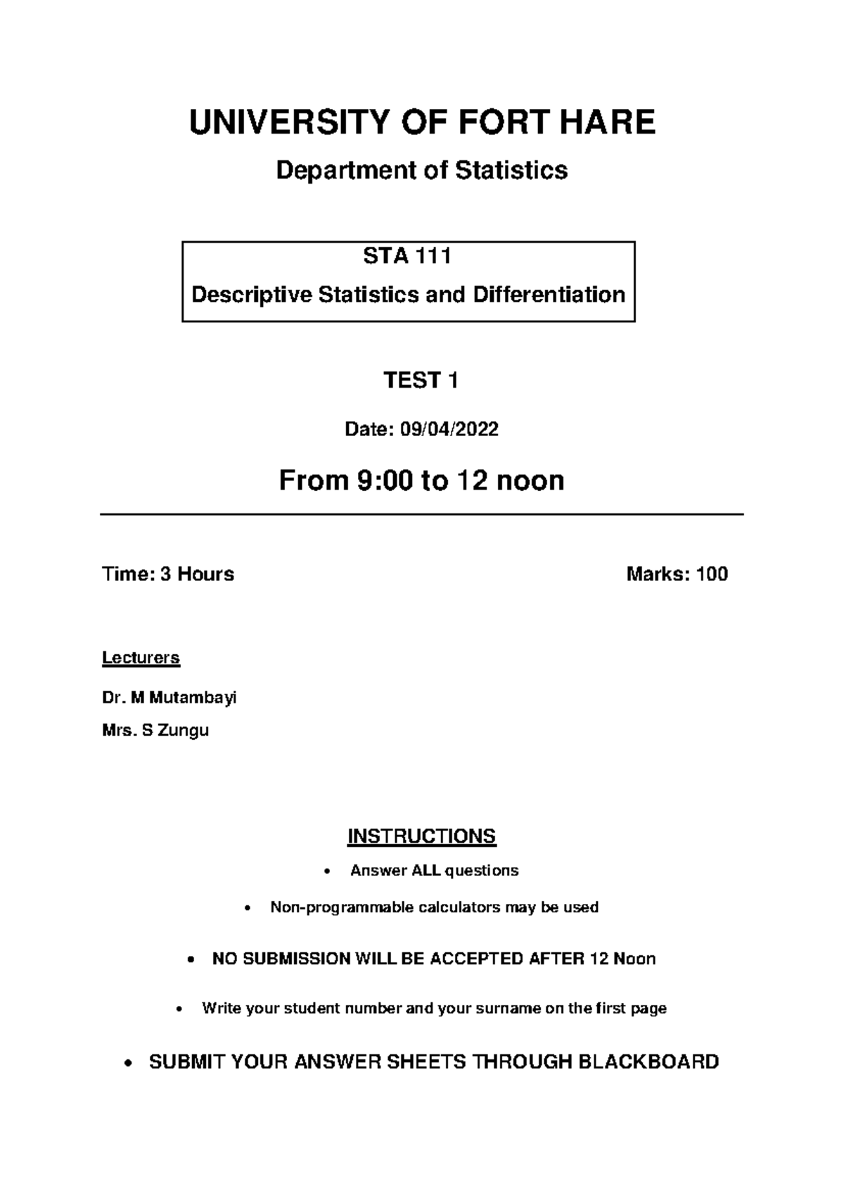 TST 1-STA 111-S1-2022 - UNIVERSITY OF FORT HARE Department of ...