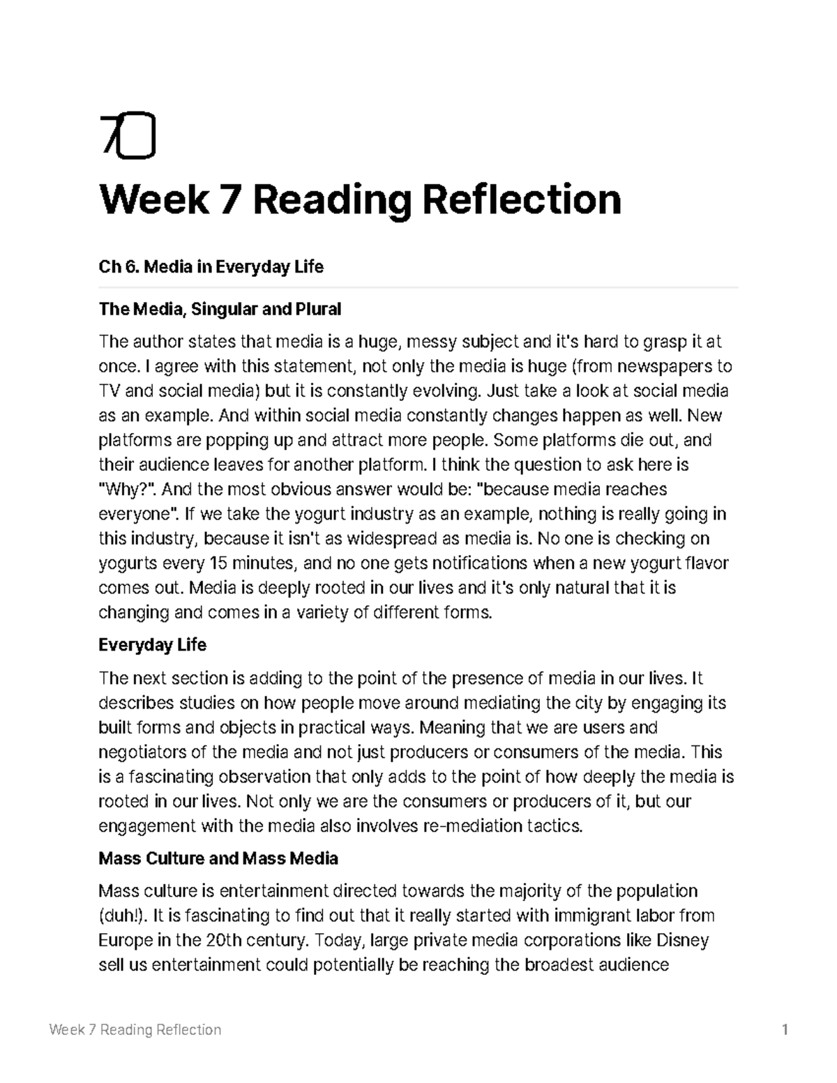 Week 7 Reading Reflection - 7 ⃣ Week 7 Reading Reflection Ch 6. Media ...