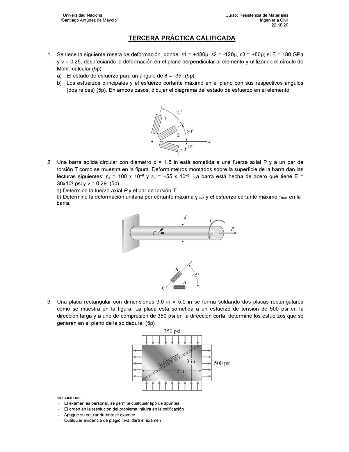 3ra Práctica Calificada - Universidad Nacional Curso: Resistencia De ...