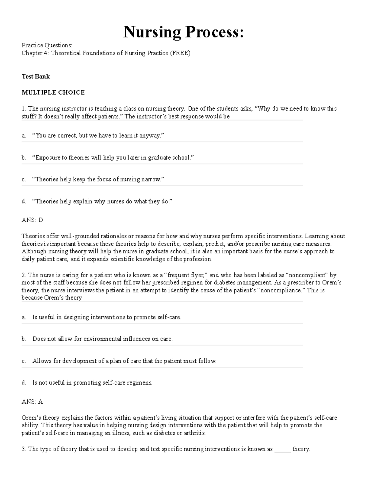 Practice Questions Unit I - Nursing Process: Practice Questions ...