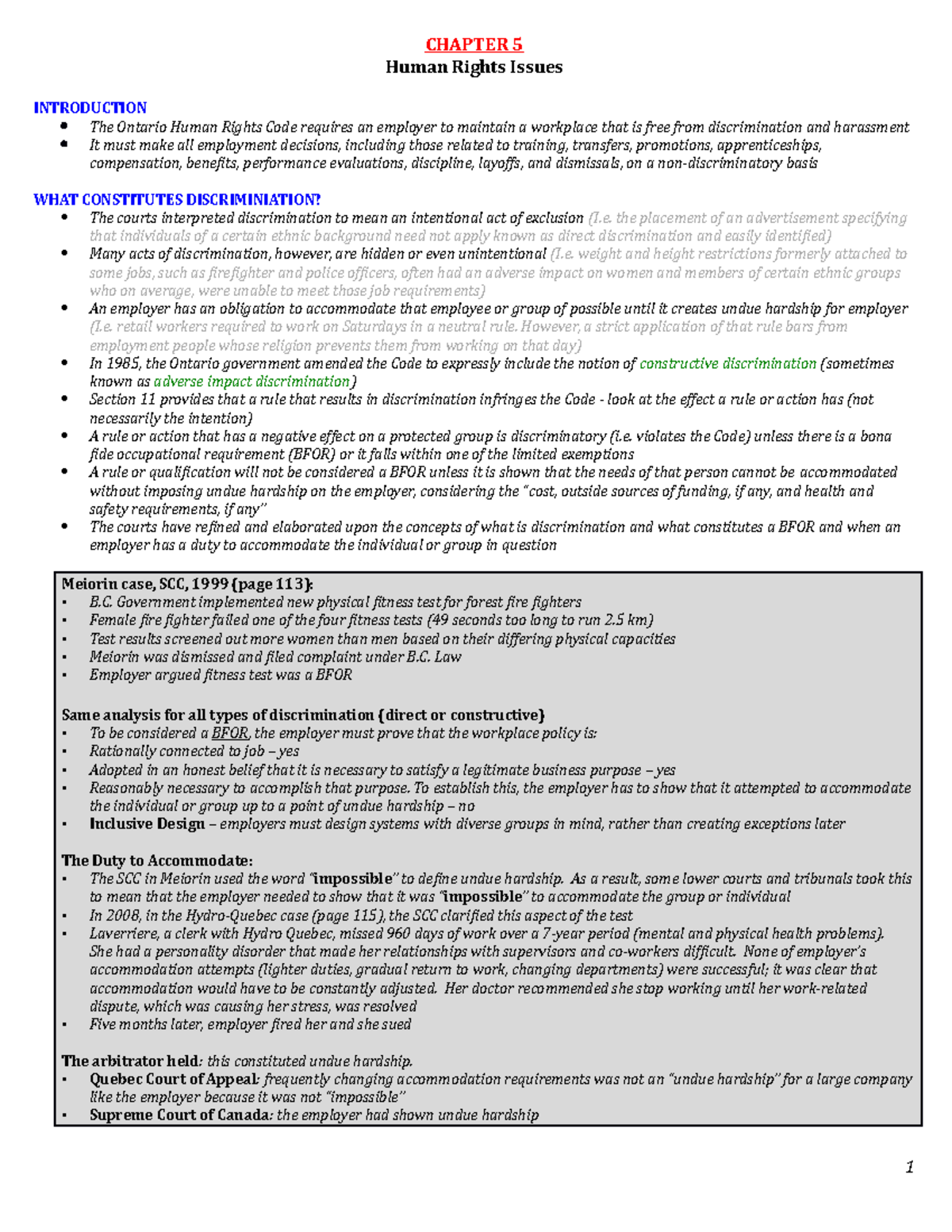 Employment and Labour Law - Summary - Chapter 5 - CHAPTER 5 Human ...