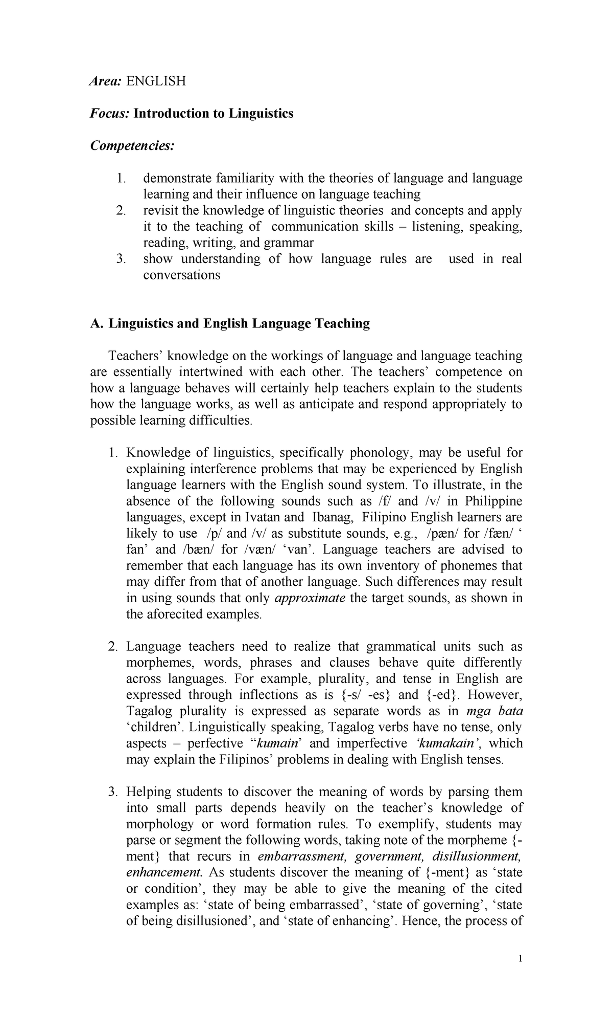 Introduction-to-Linguistics - Area: ENGLISH Focus: Introduction to ...