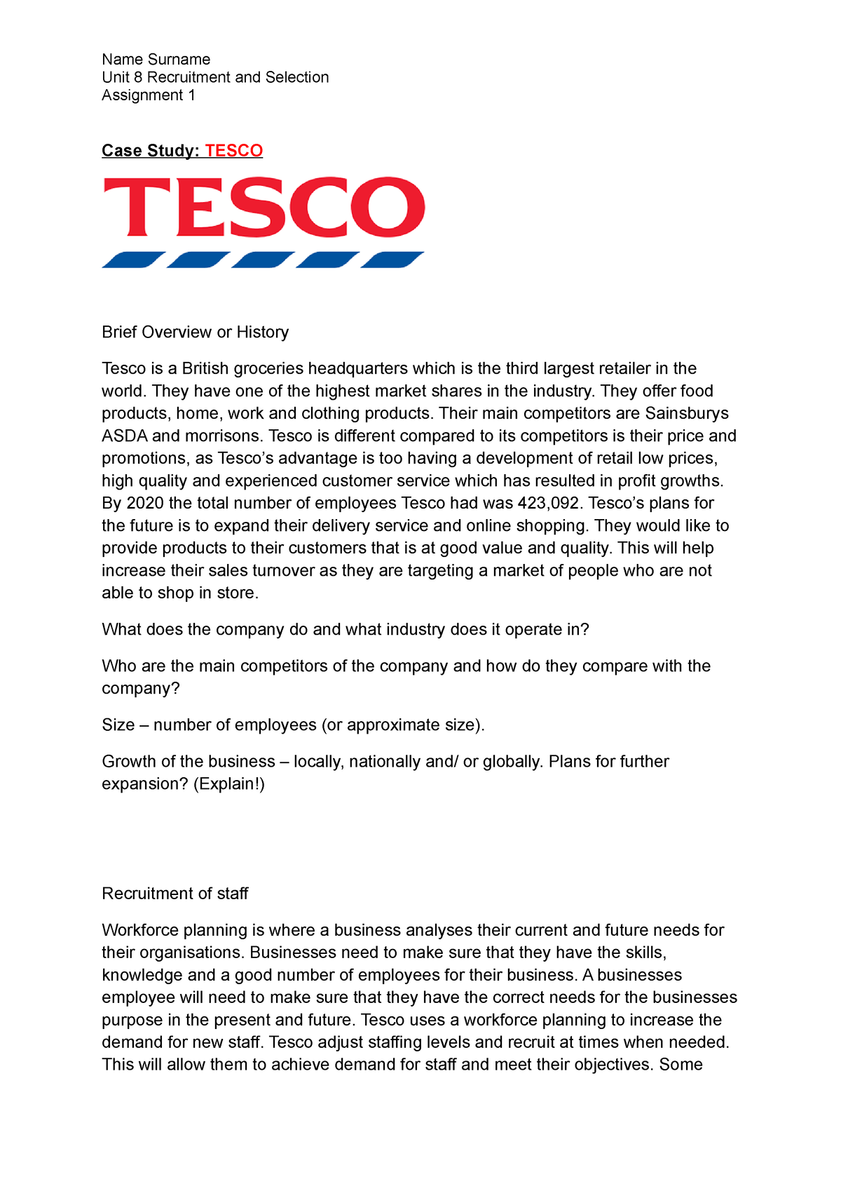 unit 8 recruitment and selection process assignment 1 tesco