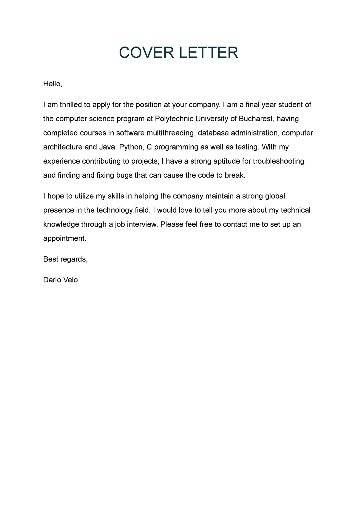 Cover letter - HHhaa - COVER LETTER Hello, I am thrilled to apply for ...