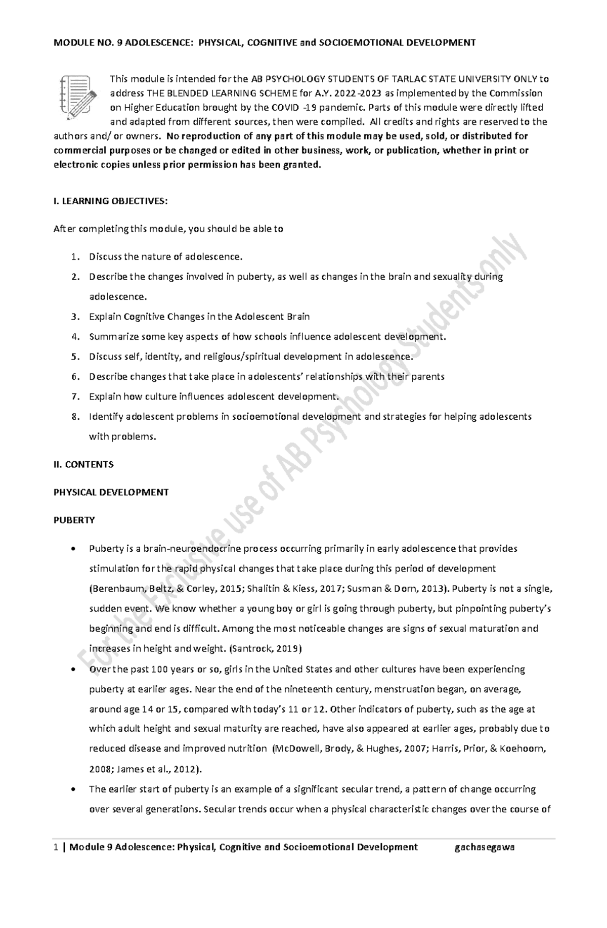 Module 9 Adolescence Physical Cognitive And Socioemotional Development ...