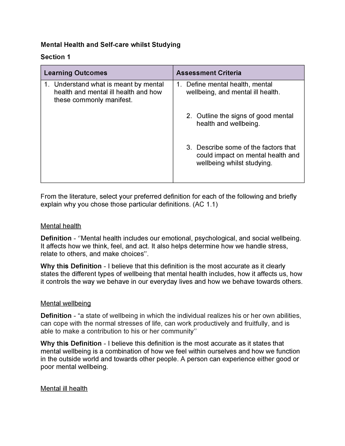 Section 1 - Mental health while studying. - Mental Health and Self-care ...