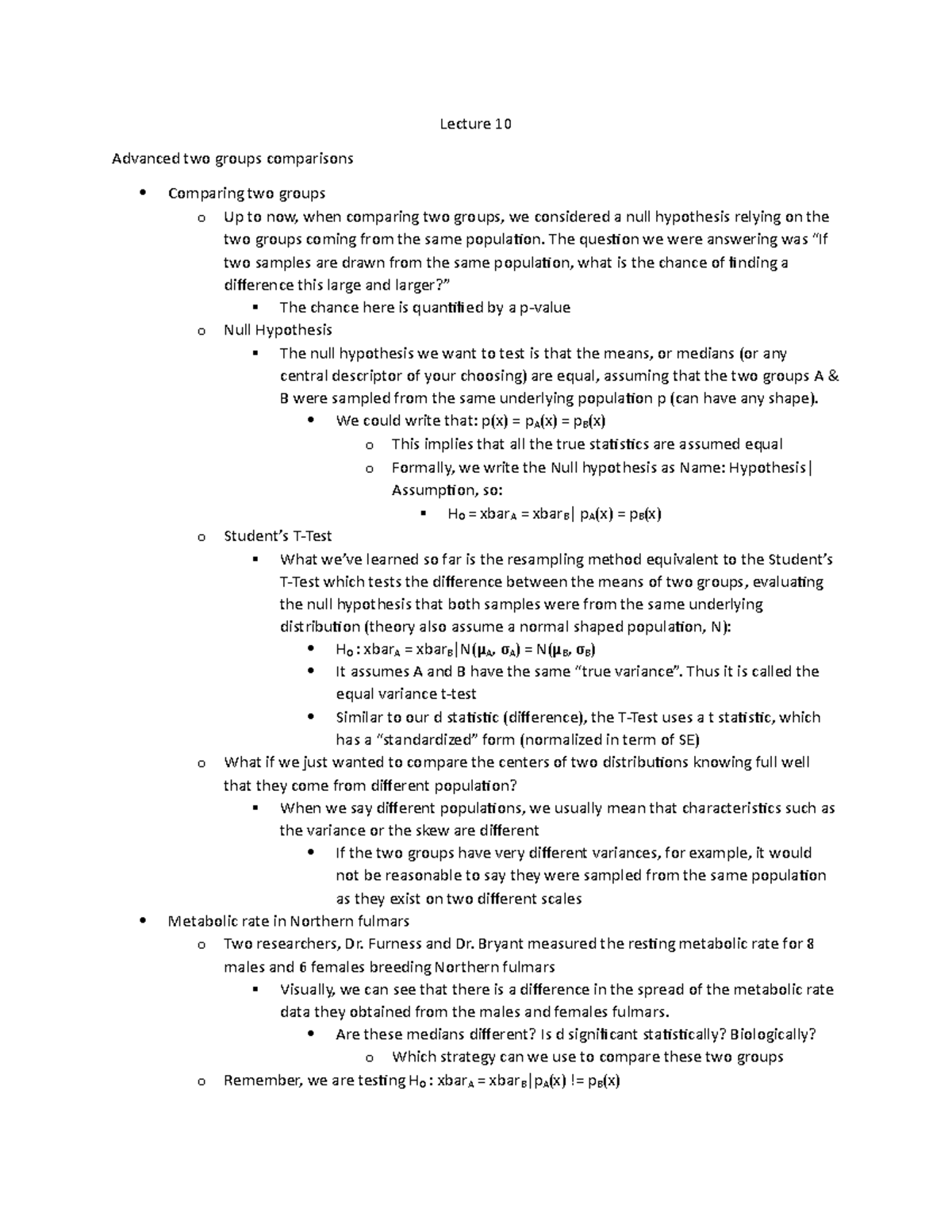 Lecture 10 - Lecture 10 Advanced two groups comparisons Comparing two ...