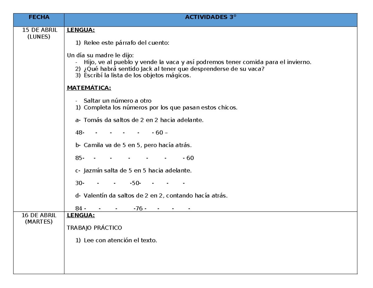 Agenda Abril - FECHA ACTIVIDADES 3° 15 DE ABRIL (LUNES) LENGUA: Relee ...