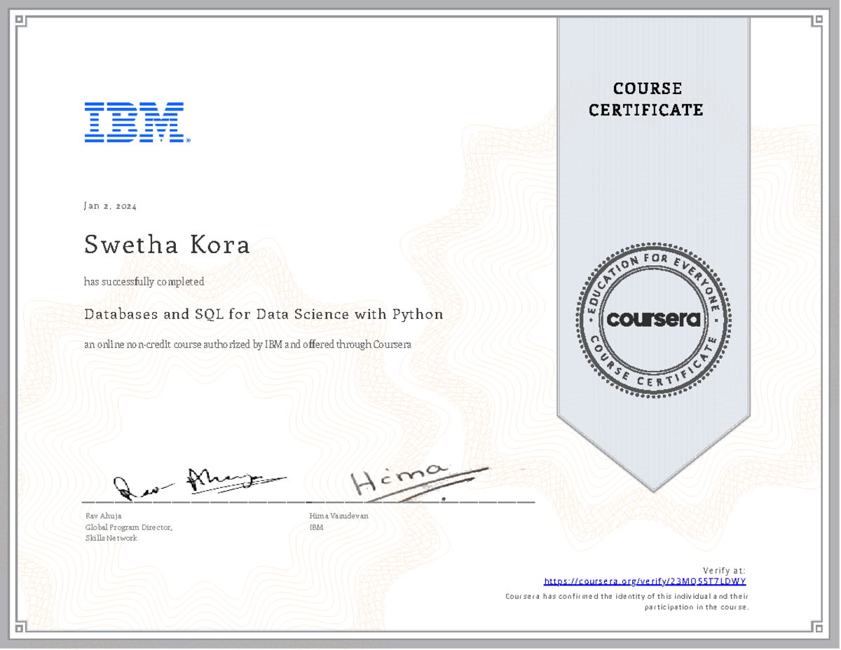 Databases and SQL for Data Science with Python course Era Certificate ...