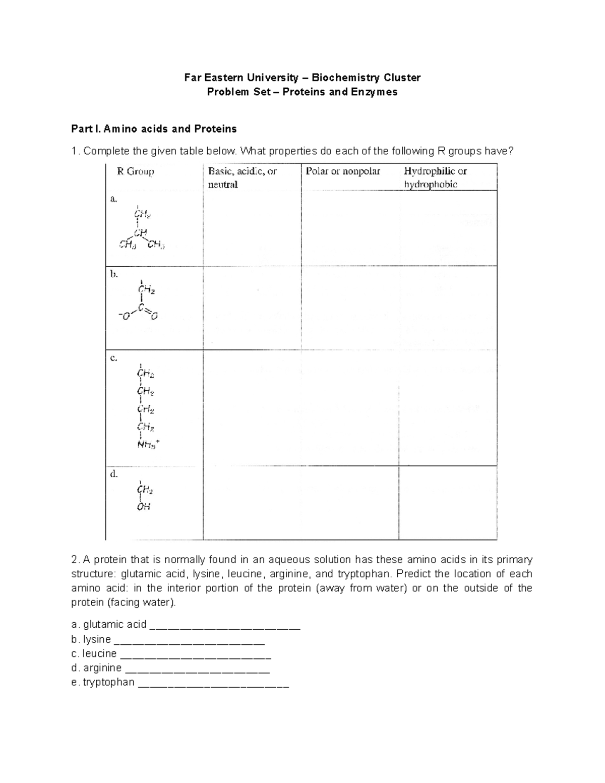 Problem Set Proteins and Enzymes - Far Eastern University ...