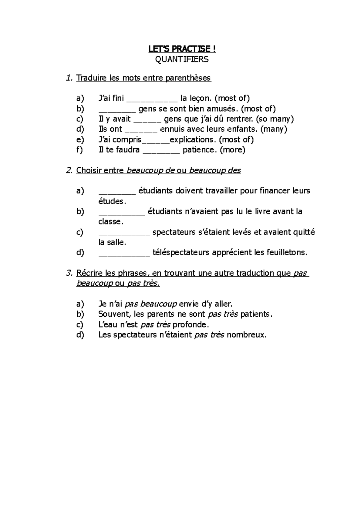Exos Quantifiers - Practice exercises to develop understanding/ fluency ...