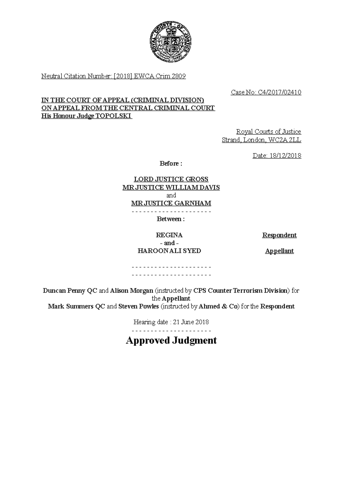 R V Syed 2018 EWCA Crim 2809 - Neutral Citation Number: [2018] EWCA ...