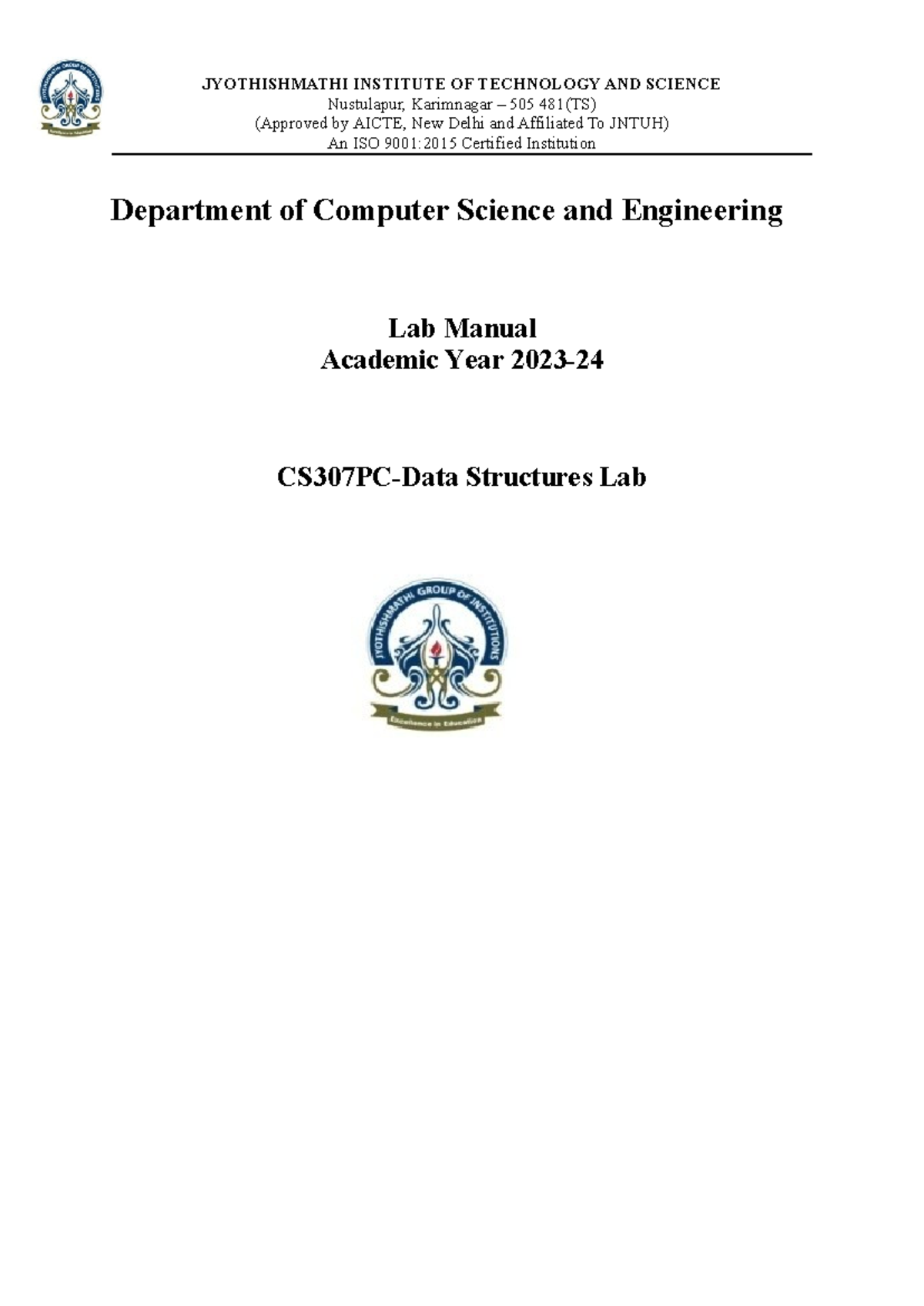 R22-DATA Structures Manual 2023-24 - JYOTHISHMATHI INSTITUTE OF ...