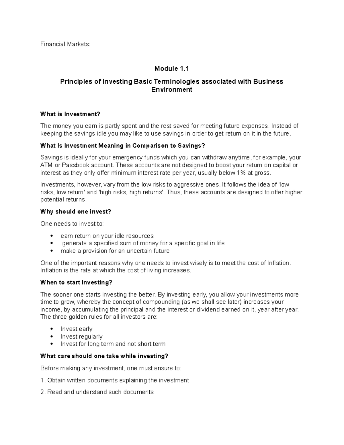 Module 1 - It talks about invesment and savings. - Financial Markets ...