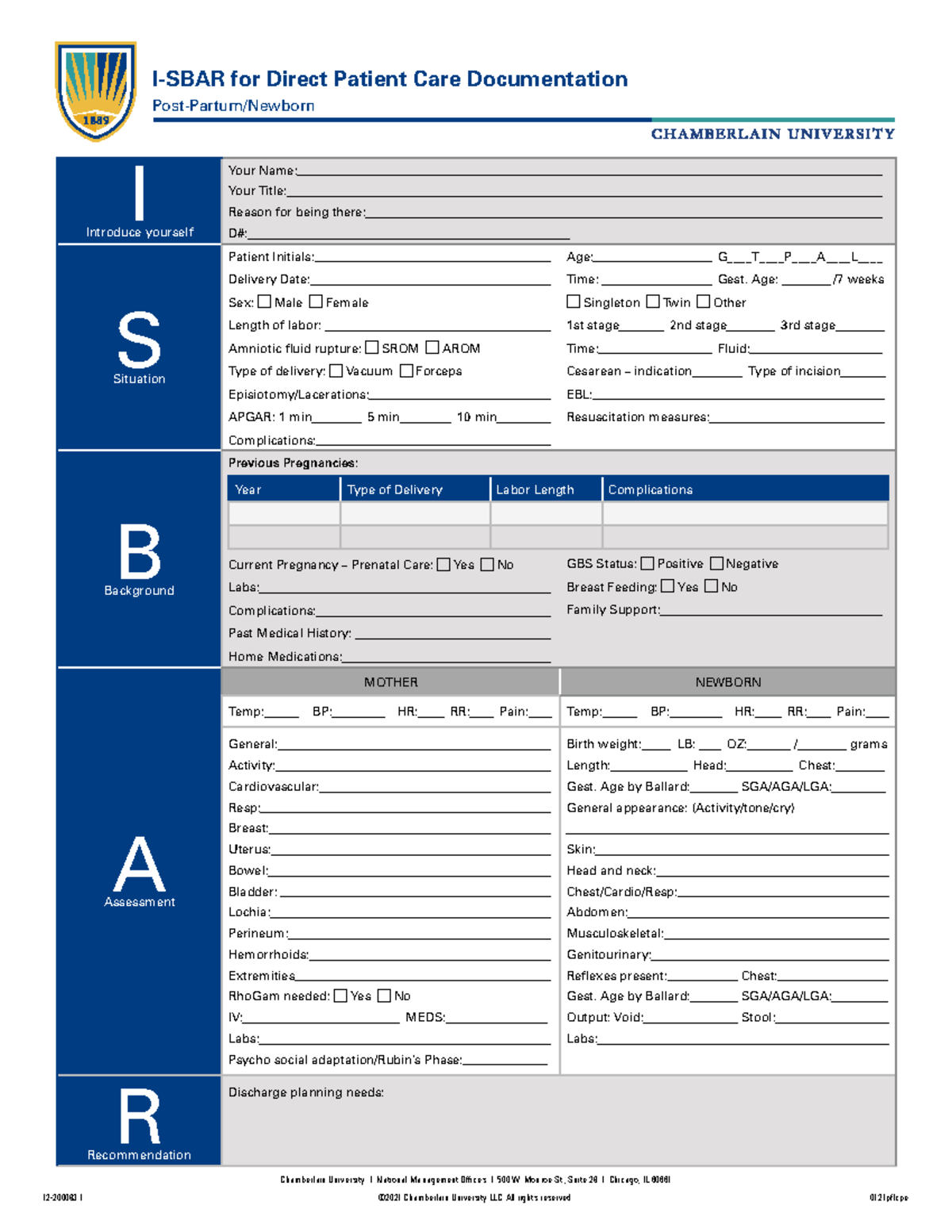 I-SBAR Postpartum-Newborn May2021 updated - 12-200083 ©2021 Chamberlain ...