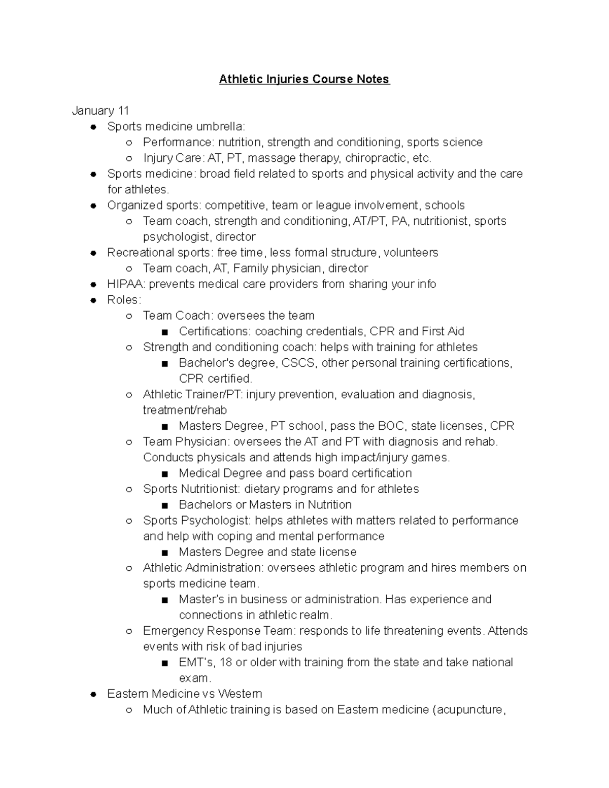 Athletic Injuries Notes Athletic Injuries Course Notes January 11