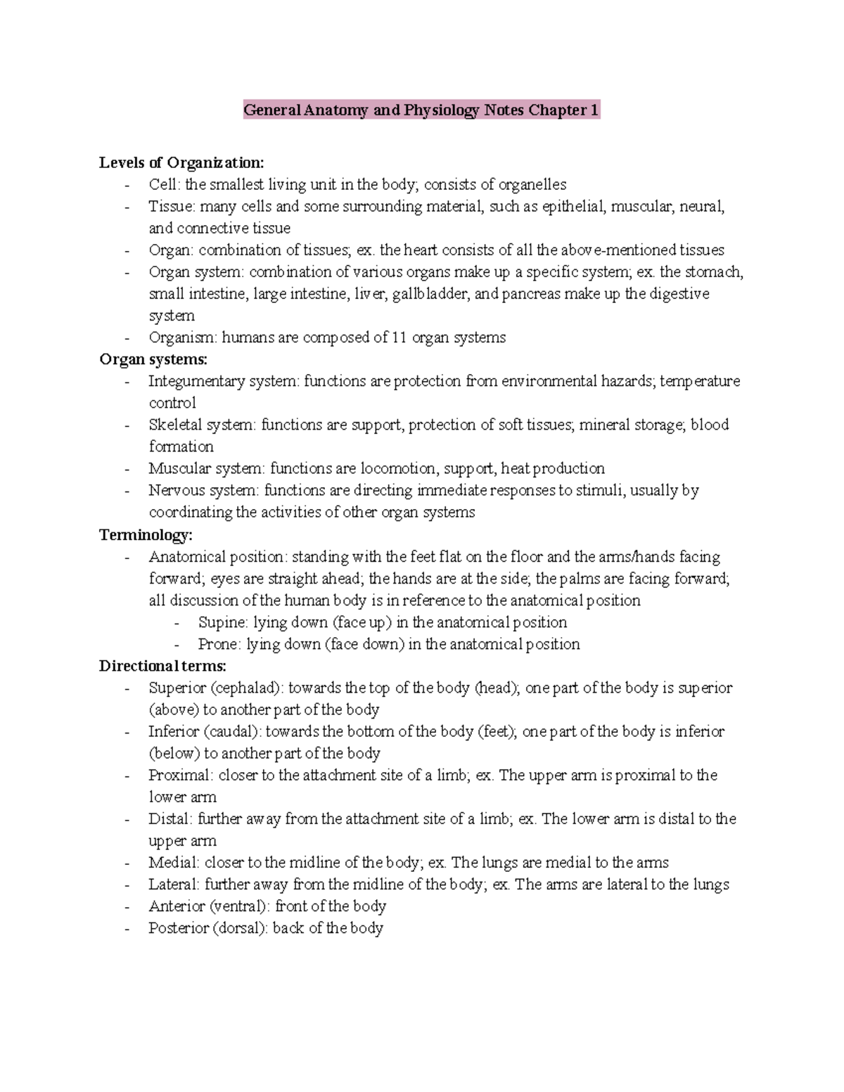 General Anatomy and Physiology Notes Chapter 1 Notes Pt - General ...