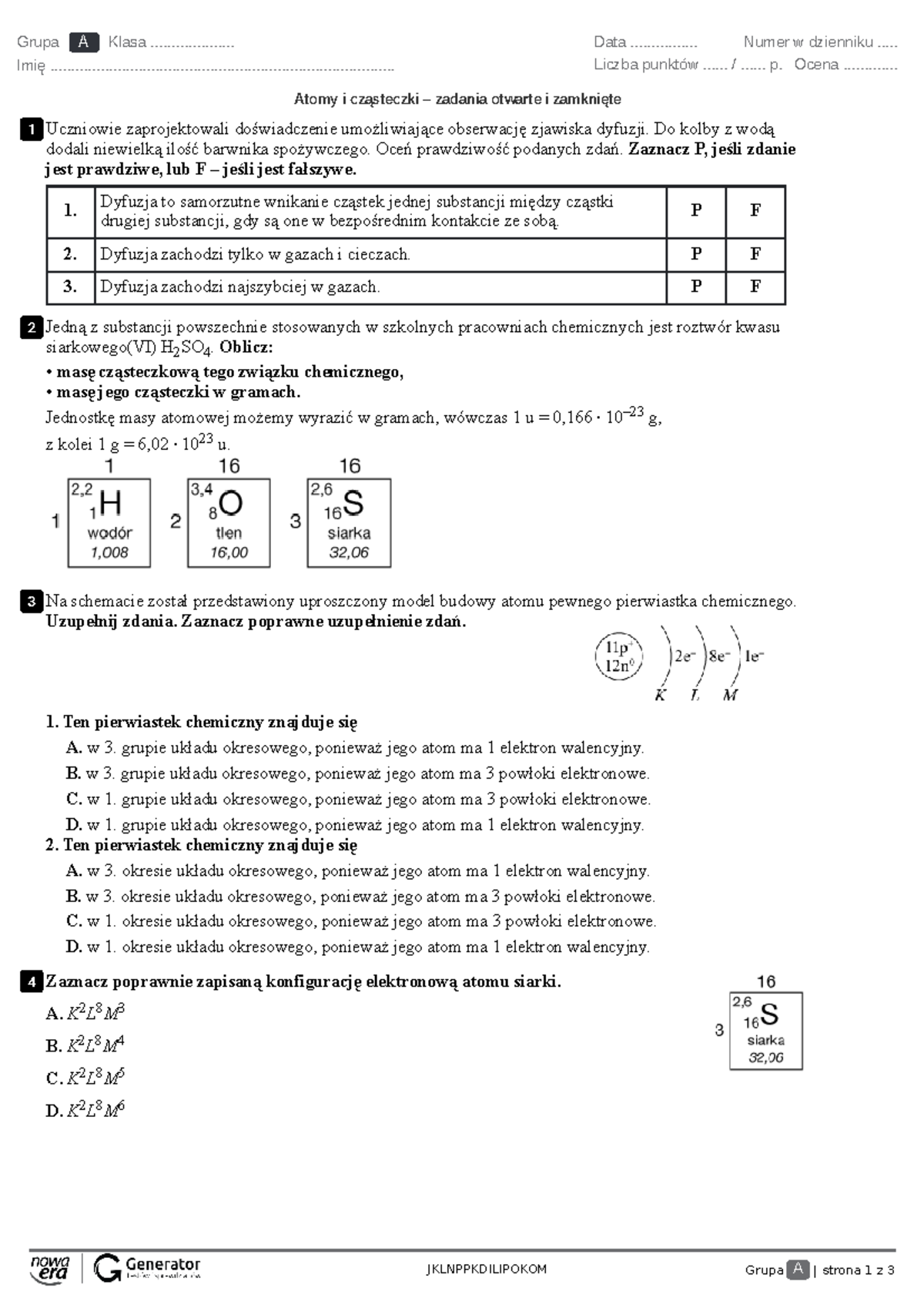 Sprawdzian Z Chemii Klasa 7 Atomy I Cząsteczki