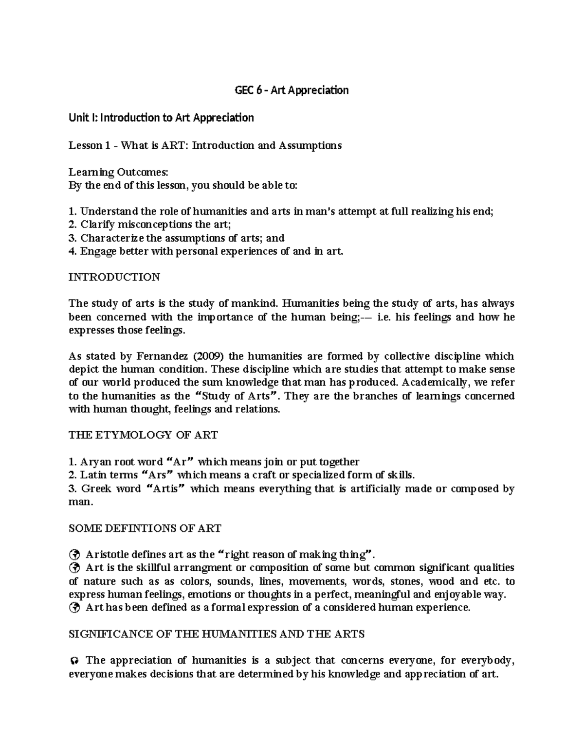 Gec 6 - Art App Handout - Summary Bachelor of Education - GEC 6 - Art ...