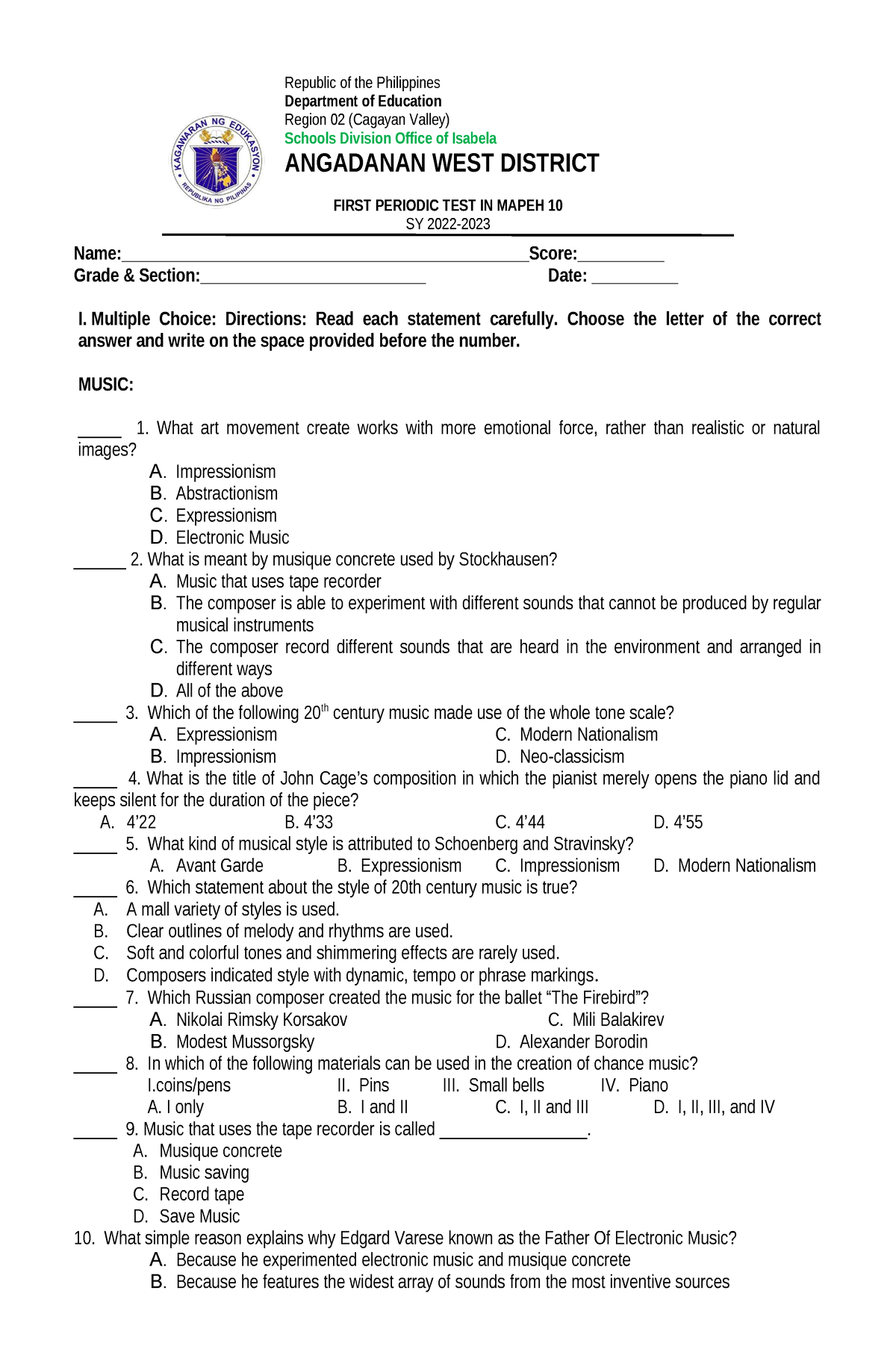 Mapeh 10 1ST 2ND Quarter - Republic Of The Philippines Department Of ...