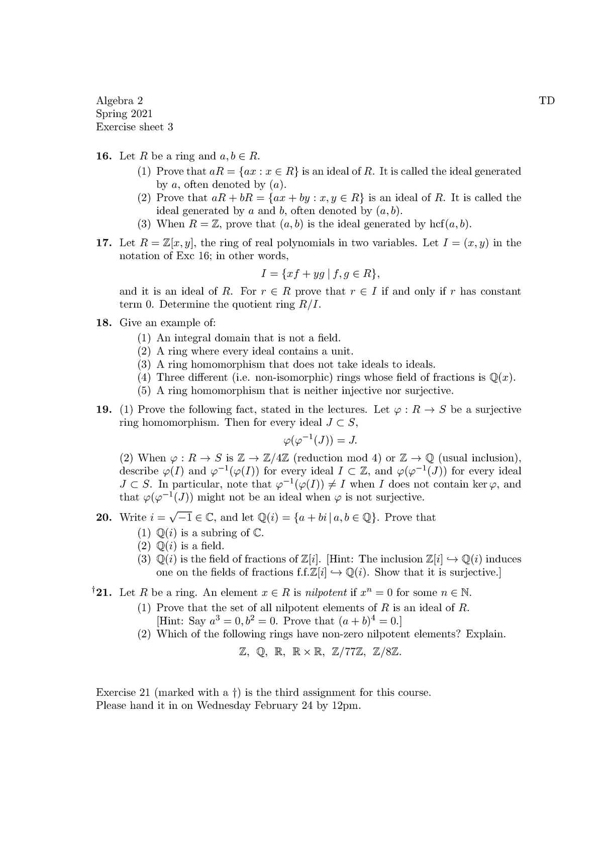 Algebra 2 Problem Sheet 3 - Algebra 2 TD Spring 2021 Exercise sheet 3 ...