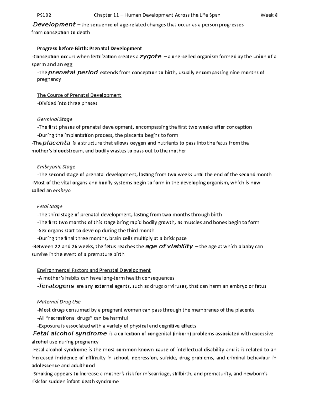 Chapter 11 notes ps102 - PS102 Chapter 11 – Human Development Across ...