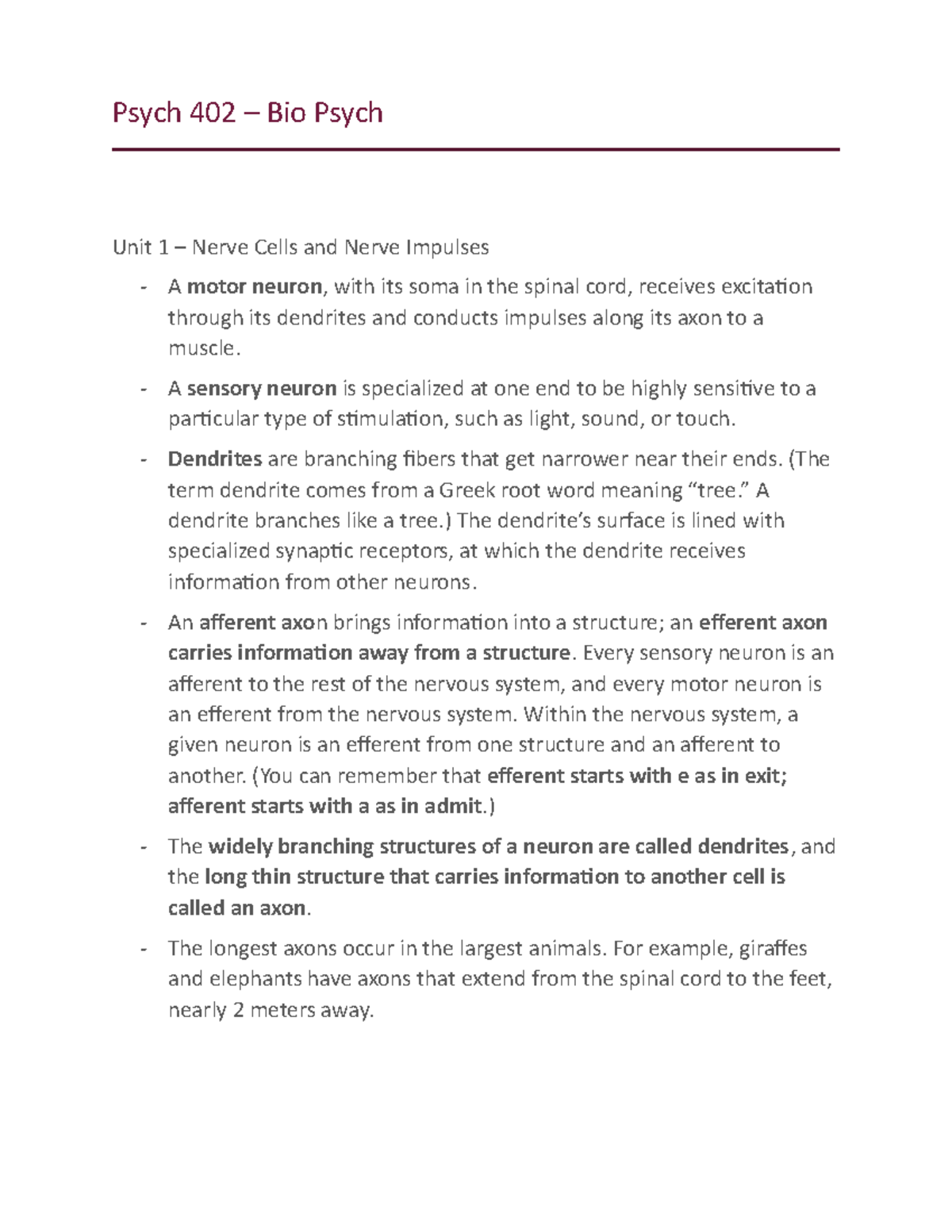 Psych 402 – Bio Psych - Summary Notes on first several chapters of ...