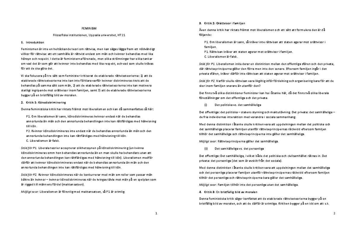 HO9, Feminism 1 FEMINISM Filosofiska institutionen, Uppsala