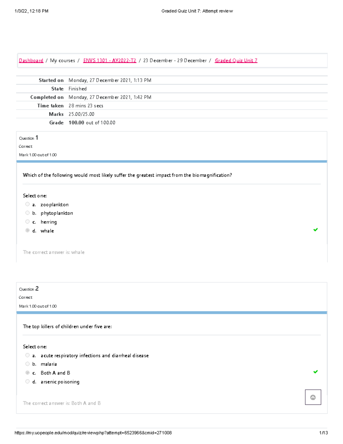 ENVS 1301 - AY2022-T2 23 December - 29 December Graded Quiz Unit 7 ...