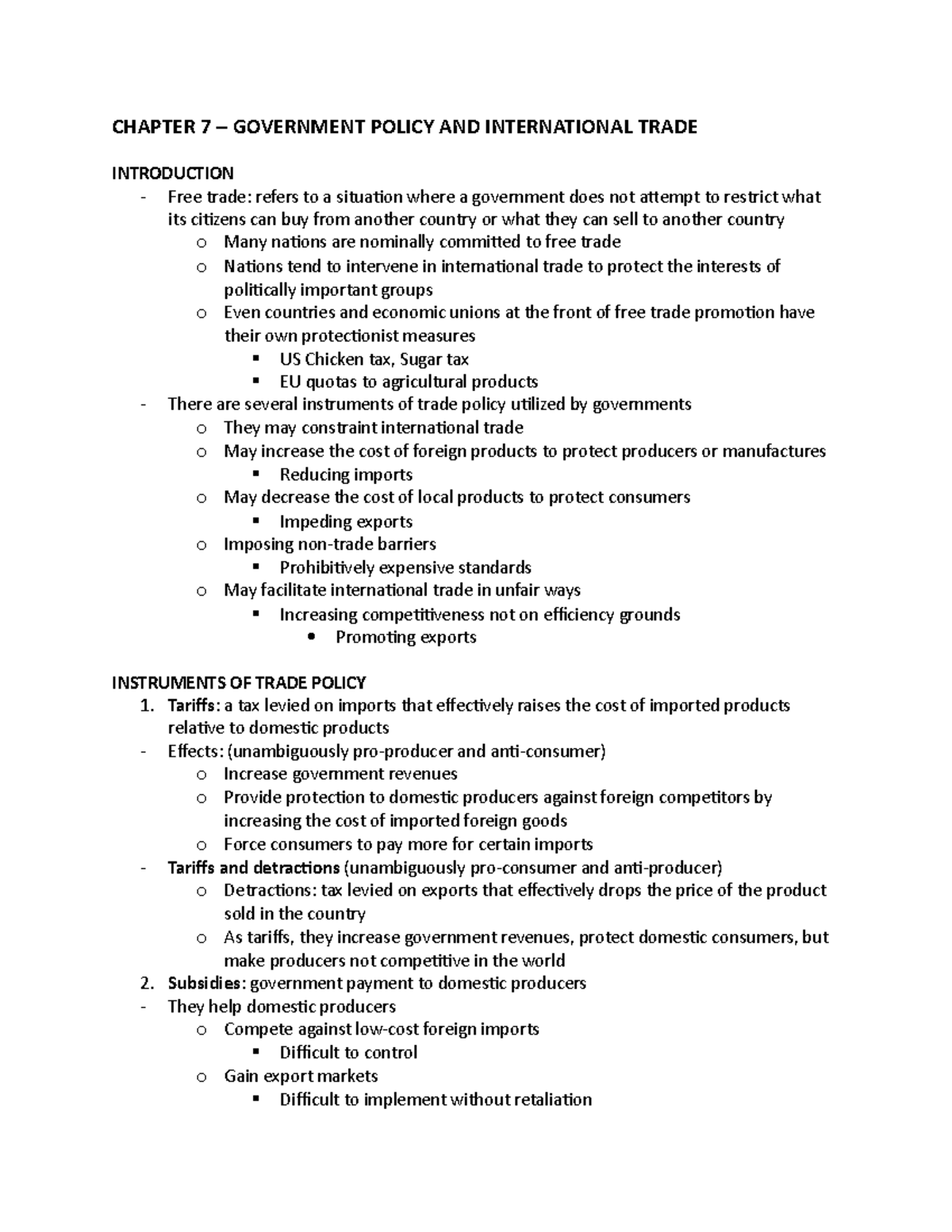 Chapter 7 Notes - CHAPTER 7 – GOVERNMENT POLICY AND INTERNATIONAL TRADE ...