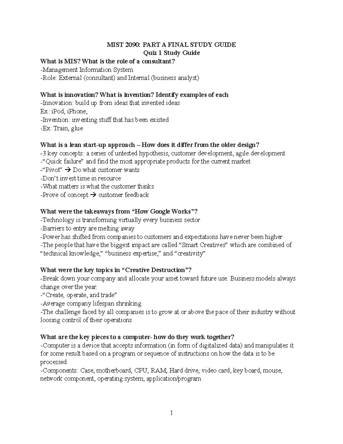 Part A Final Study Guide - MIST 2090: PART A FINAL STUDY GUIDE Quiz 1 ...