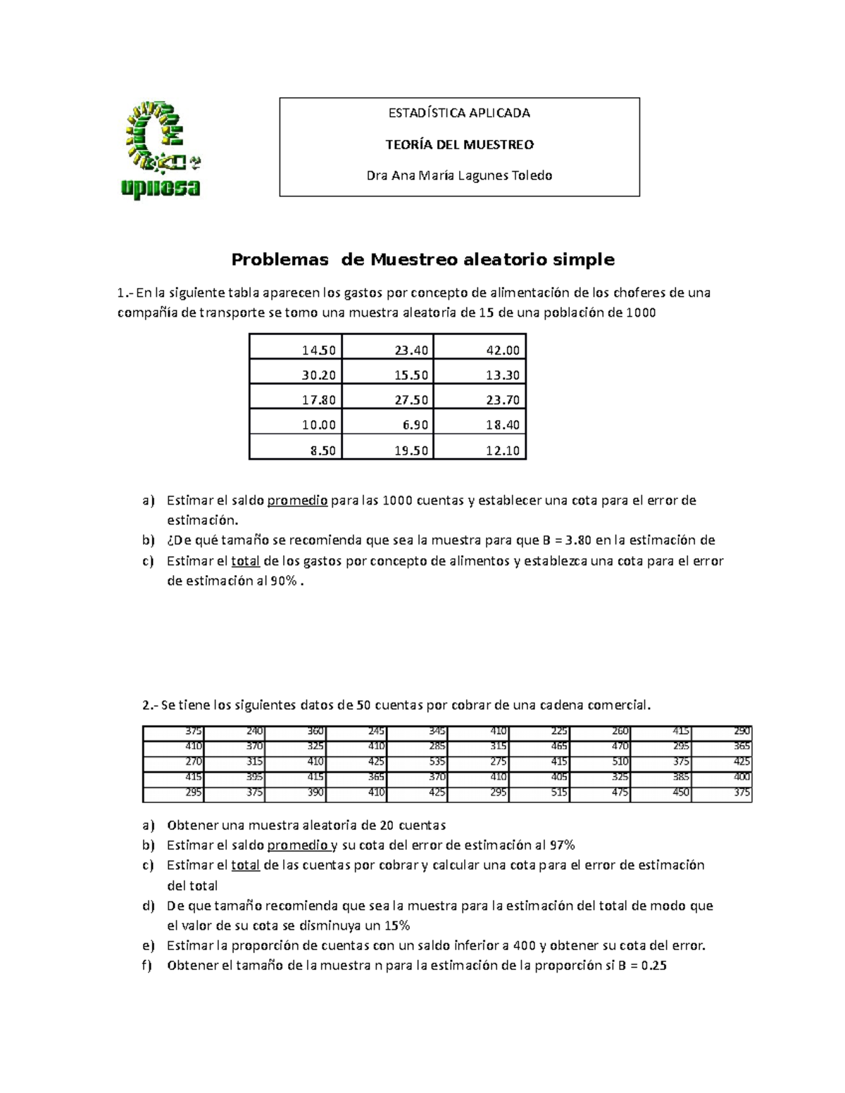 Ejercicios De Muestreo Aleatorio Problemas De Muestreo Aleatorio Simple 1 En La Siguiente 0149