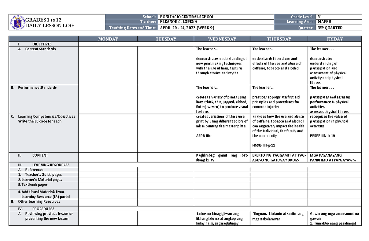 DLL Mapeh 5 Q3 W9 - Daily Lesson Log - GRADES 1 to 12 DAILY LESSON LOG ...