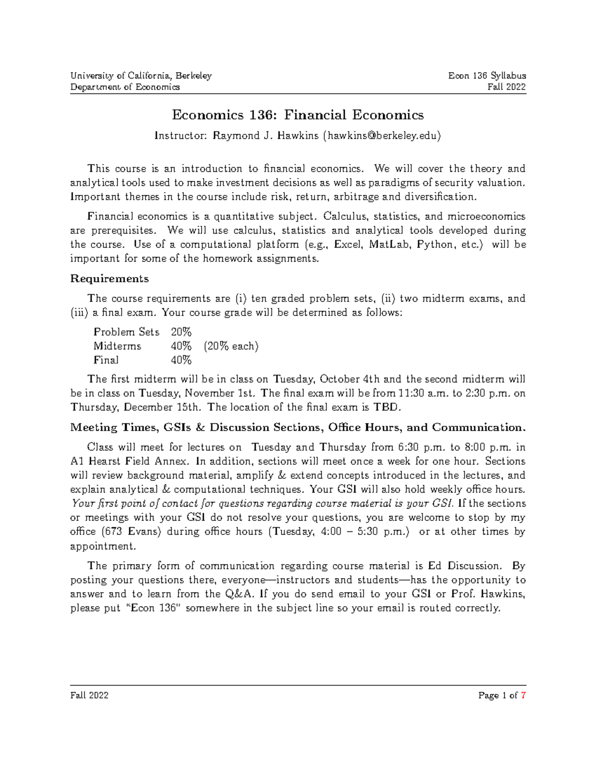 Economics 136 Syllabus Fall 2022 - Department of Economics Fall 2022 ...