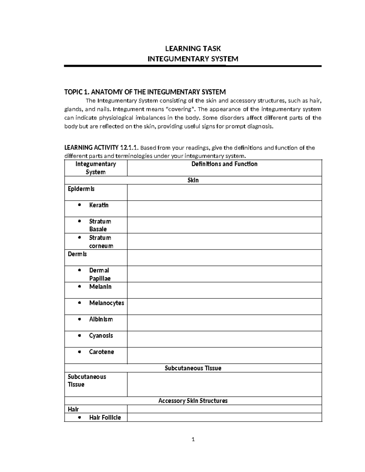 Learning Task for Integumentary system - LEARNING TASK INTEGUMENTARY ...