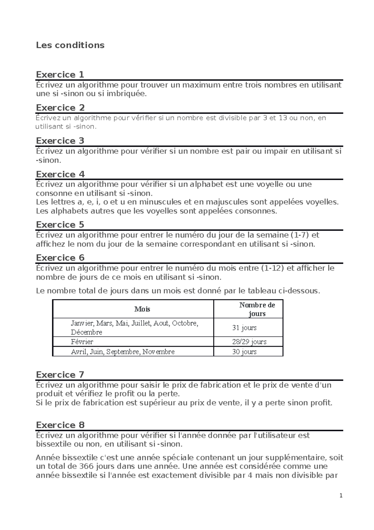 Exercices sup cpst en algo - Les conditions Exercice 1 Écrivez un ...