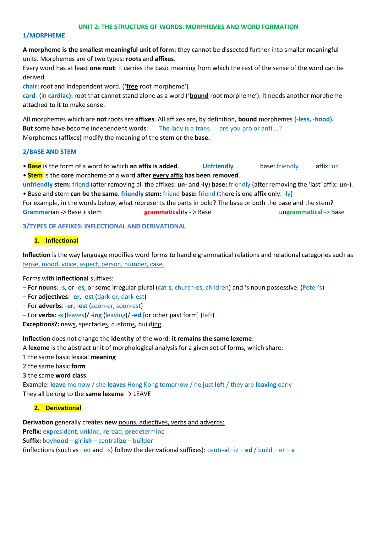 UNIT 2 gramatica - 1/MORPHEME A morpheme is the smallest meaningful ...