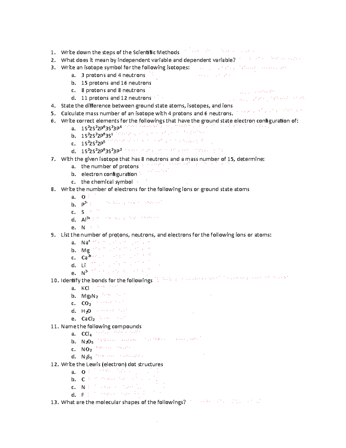 Chemistry Midterm Exam Practice Questions 2 Keys - Write Down The Steps 