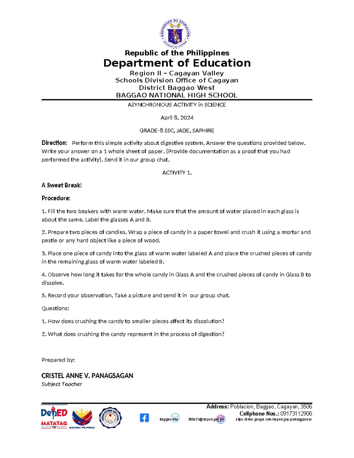 Grade 8 Asynchronous Activity - Republic of the Philippines Department ...