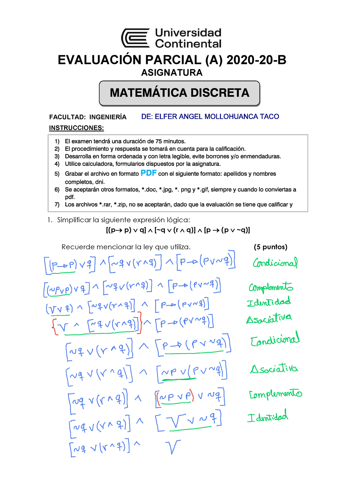 Evaluación Parcial (A) Matemática Discreta - EVALUACIÓN PARCIAL (A ...