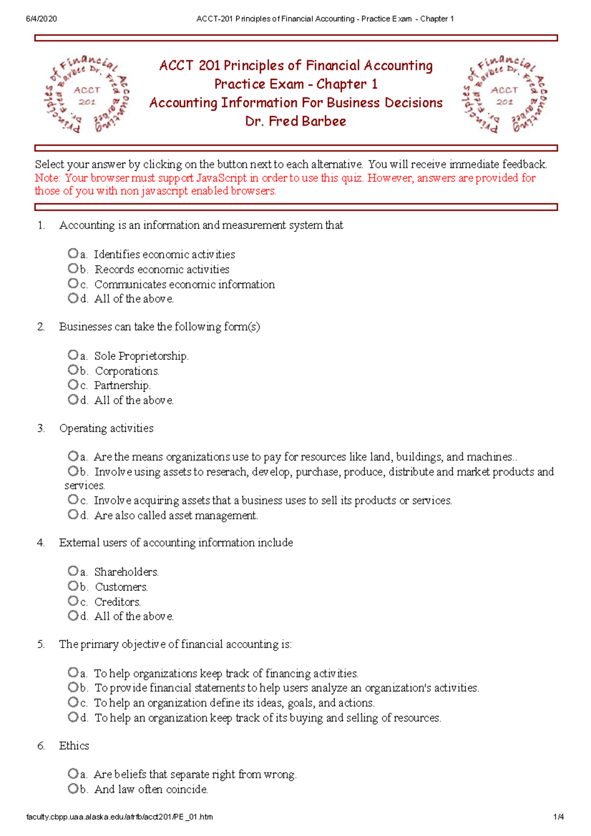Sample/practice exam ACCT 201 Principles of Financial Accounting