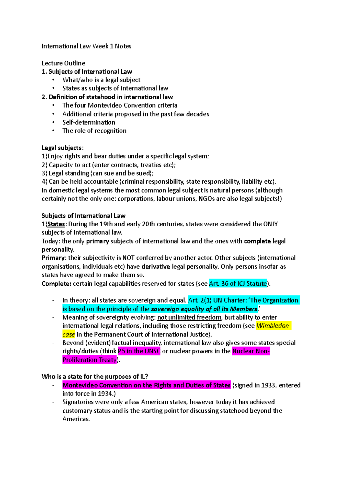 International Law Week 1 Notes - International Law Week 1 Notes Lecture ...