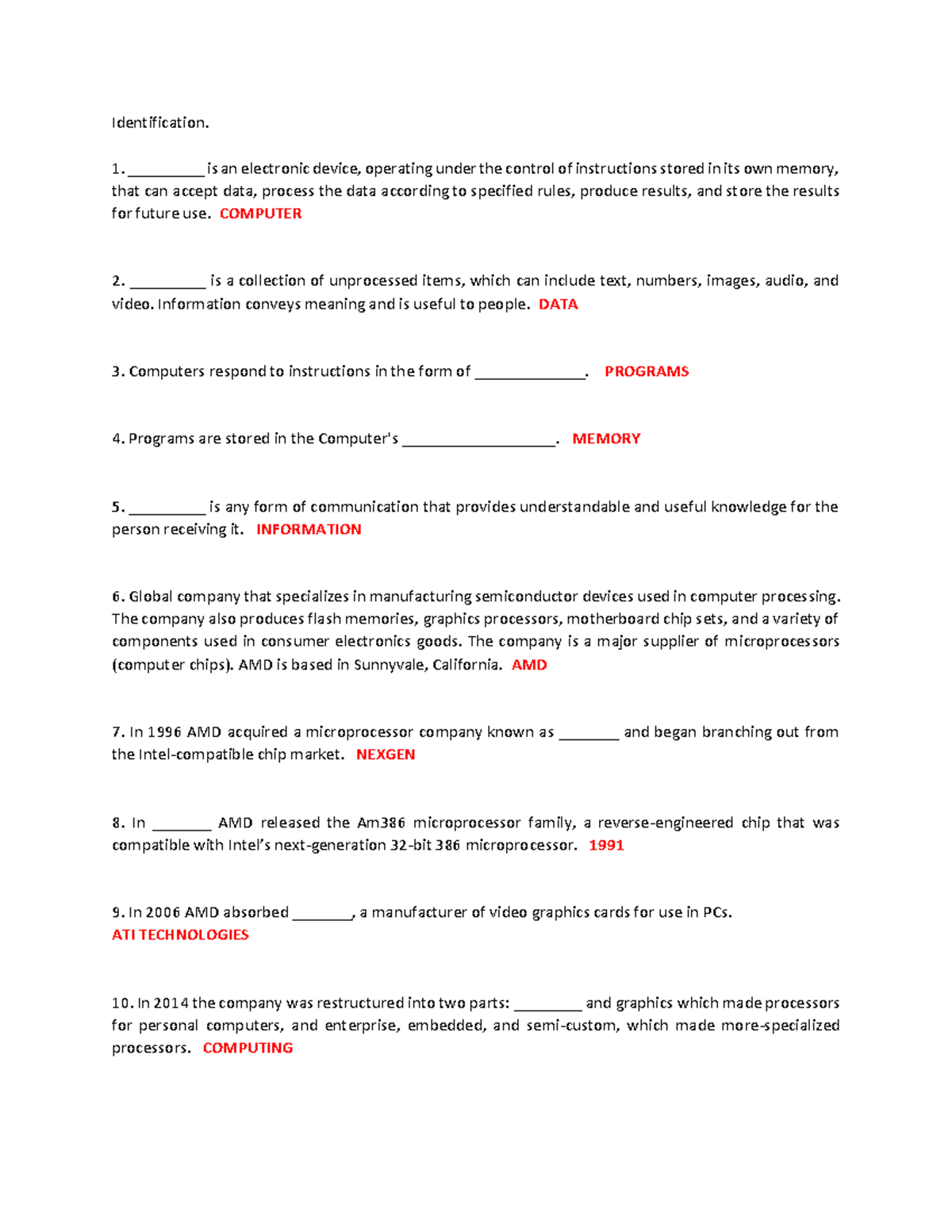 Identification exam with answers (Living in the IT Era ...
