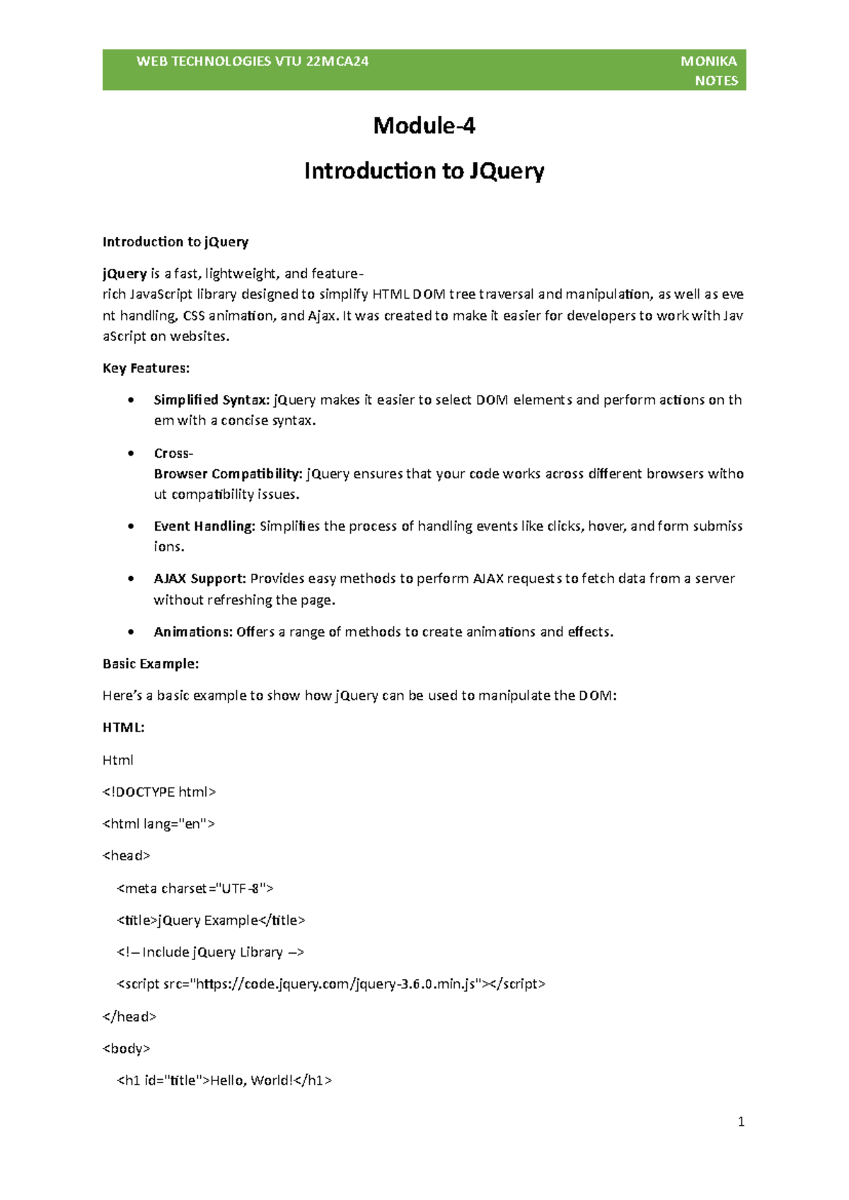 4TH Module WEB - Noted - NOTES Module- 4 Introduction to JQuery ...