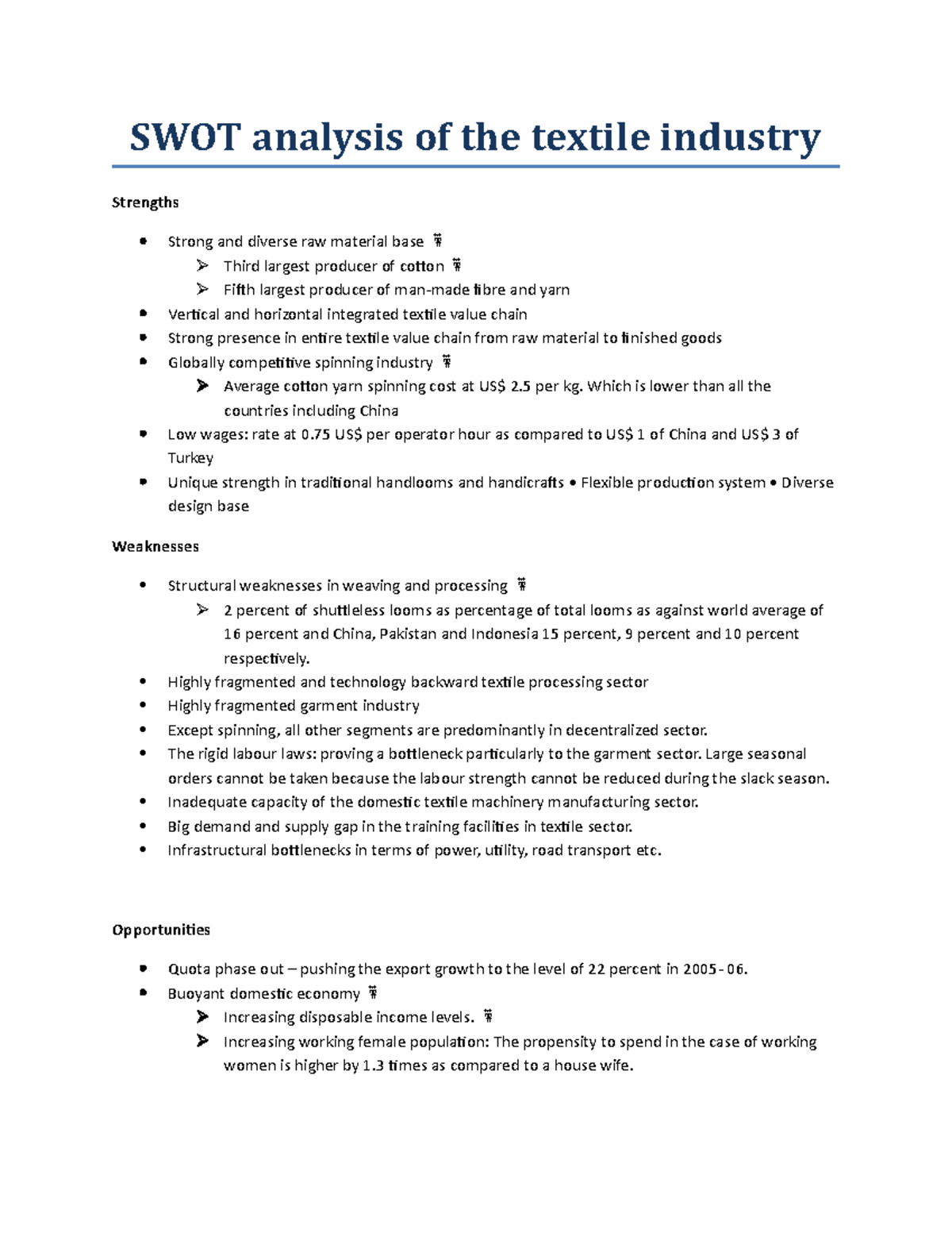 SWOT analysis of the textile industry SWOT analysis of the textile