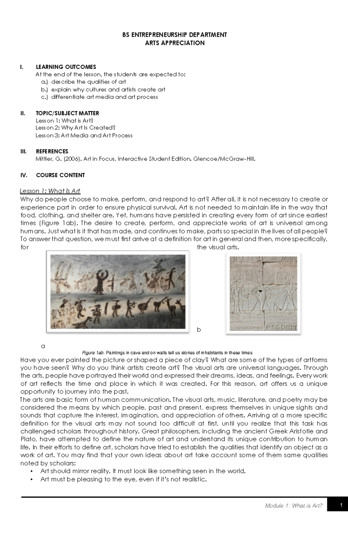 HUM 1 Module 1 Lesson 1 What is Art? Lesson 2 Why Art Is Created