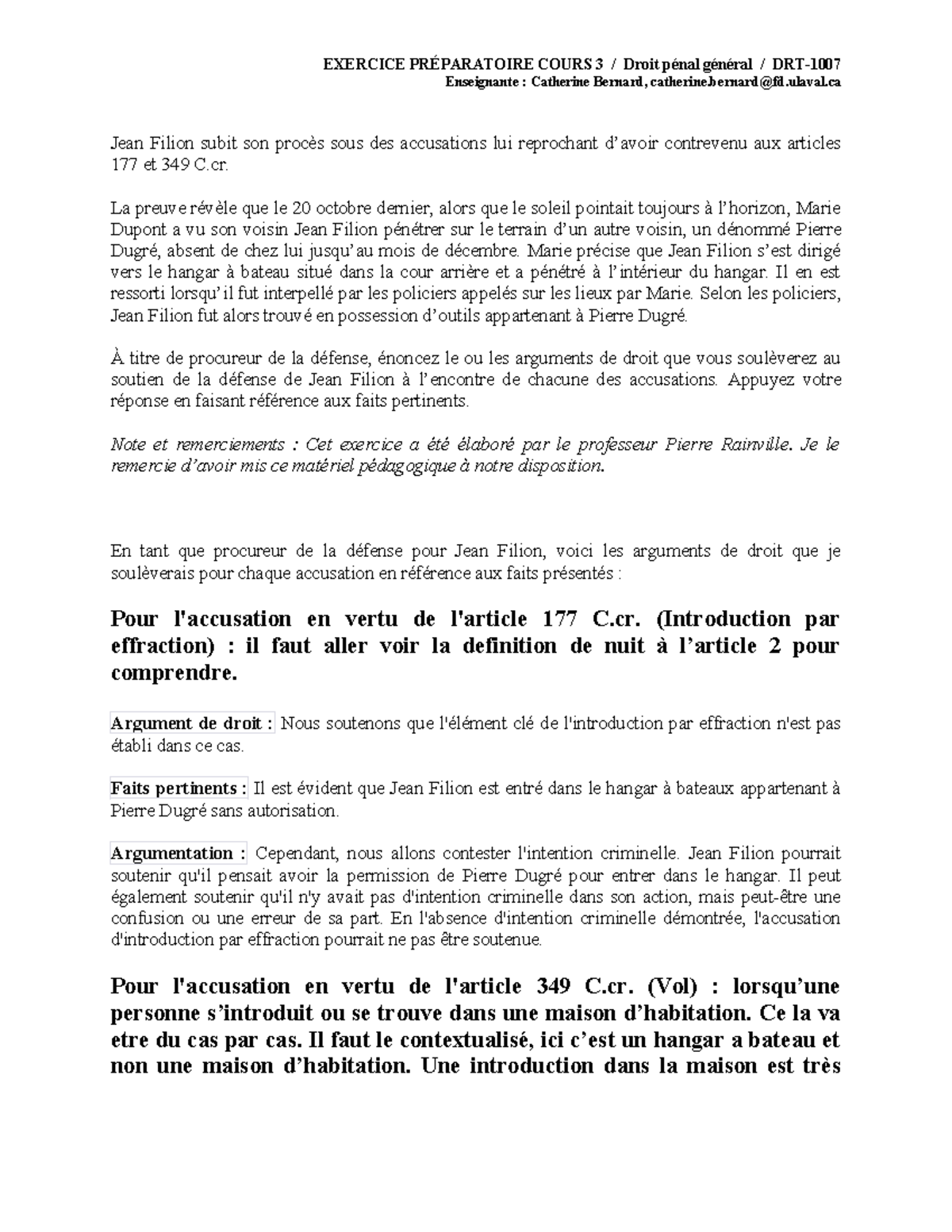 Exercice cours 3 - Enseignante : Catherine Bernard, catherine@fd.ulaval ...