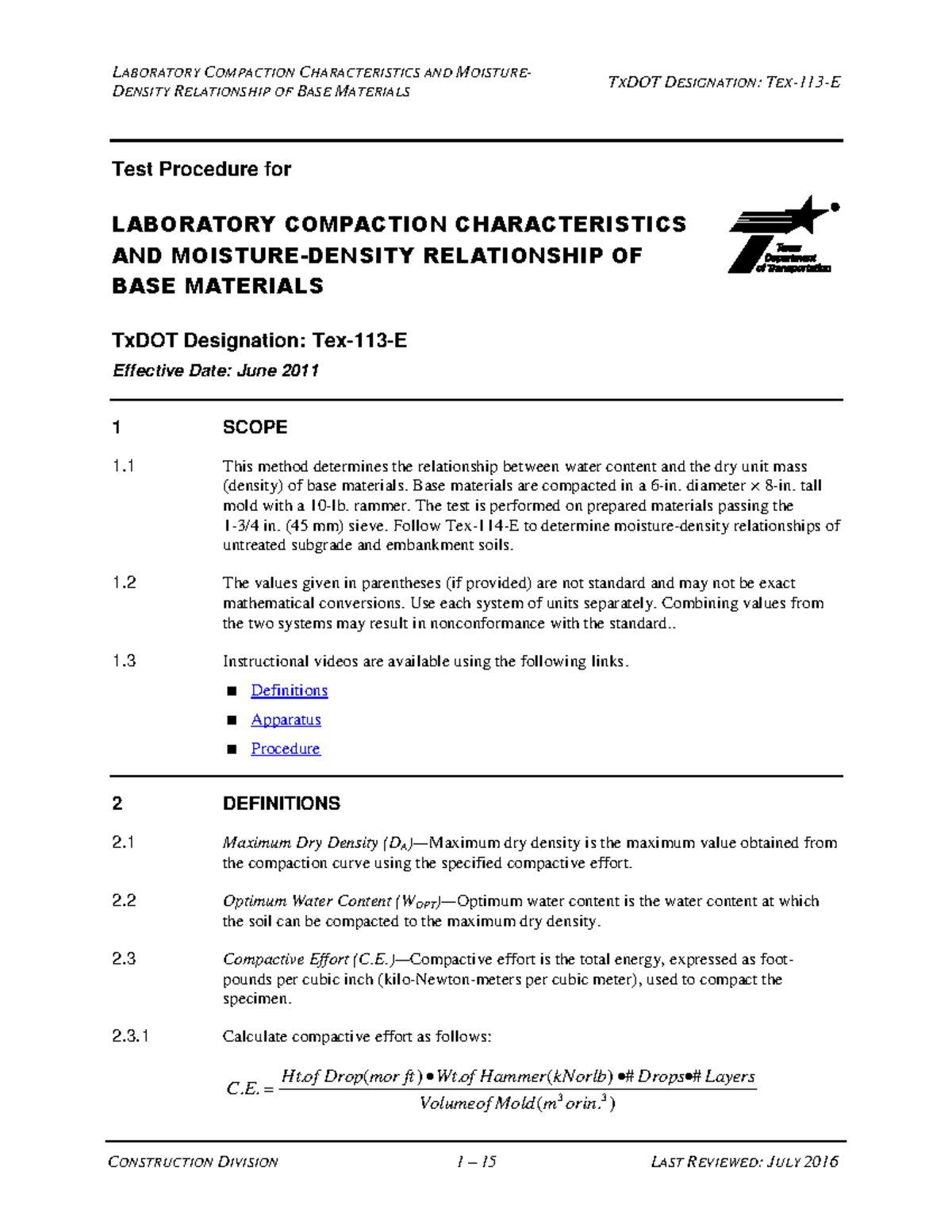 Laboratory Compaction Characteristicts and Moisture-Density ...