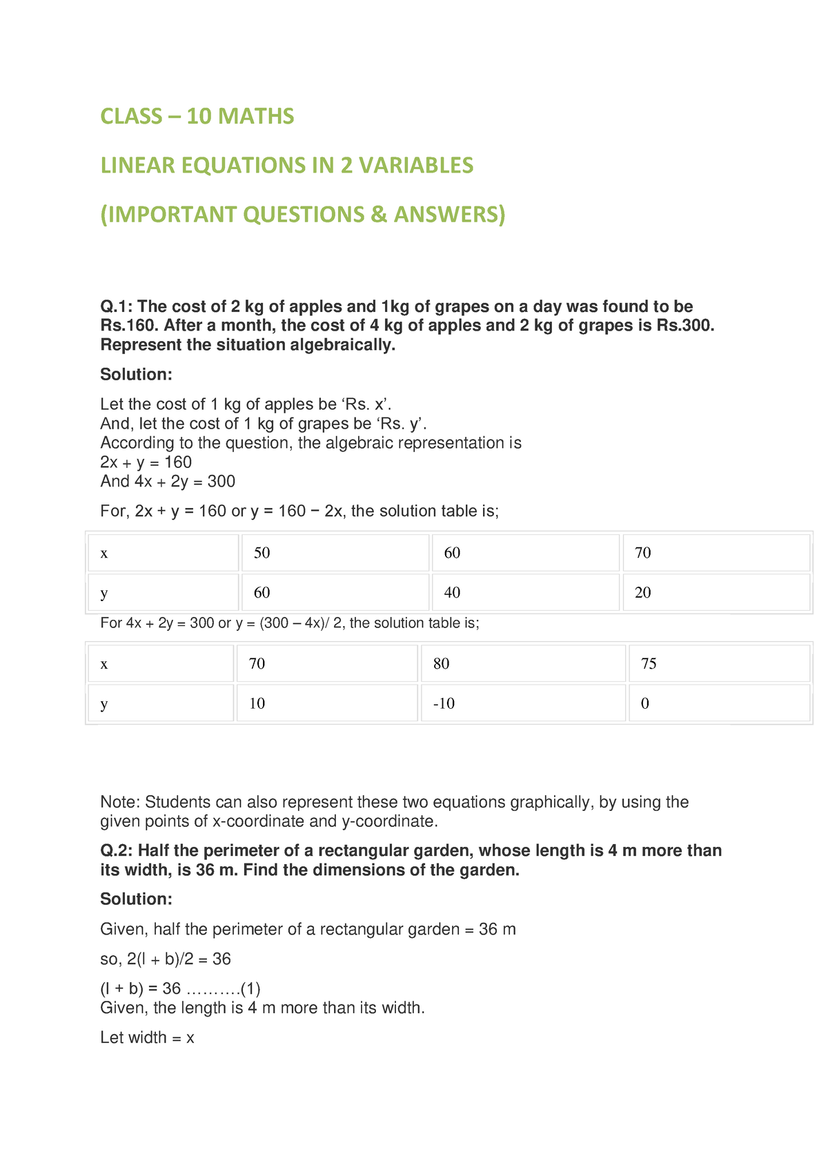 Linear Equations in 2 variables CLASS 10 MATHS LINEAR EQUATIONS IN 2 VARIABLES (IMPORTANT