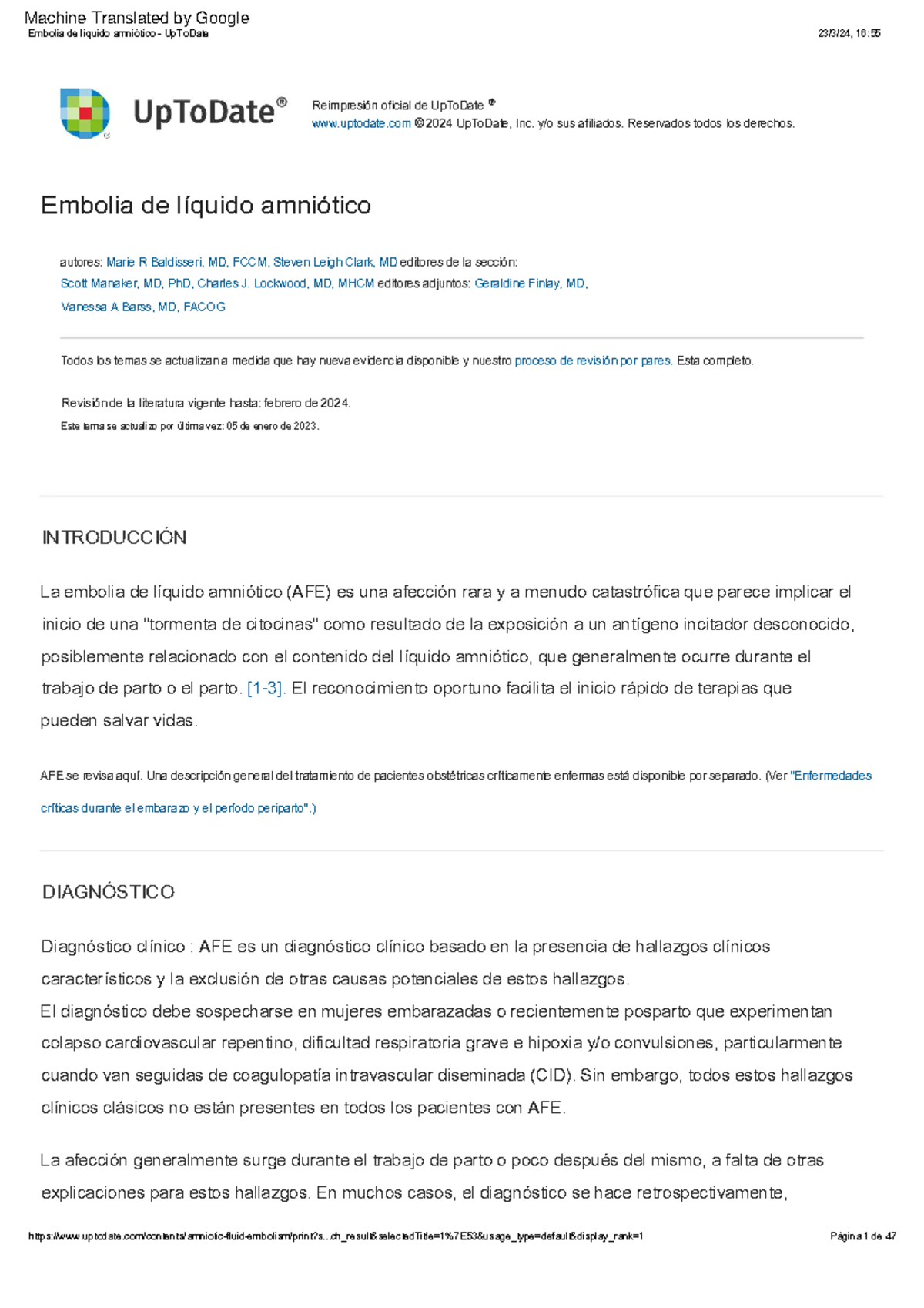 Amniotic fluid embolism - Up To Date - Reimpresión oficial de UpToDate ...